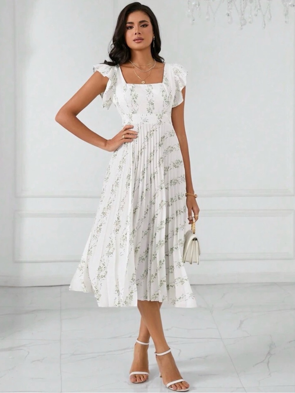 SHEIN White Midi Dress with Green Floral Print and Square Neck